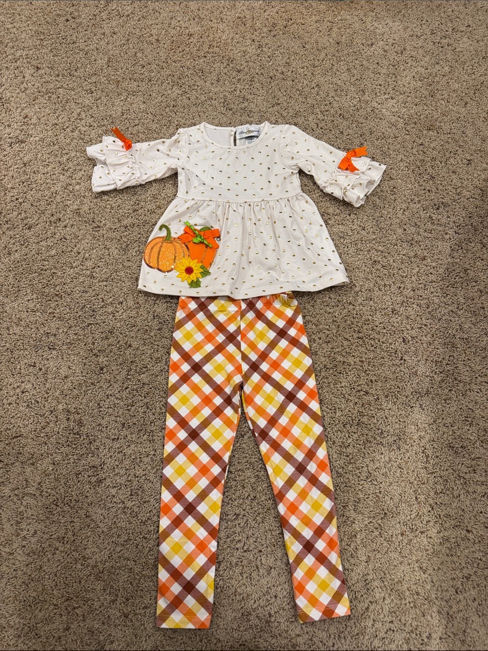 Rare Editions White Pumpkin Applique Top with Orange Plaid Leggings